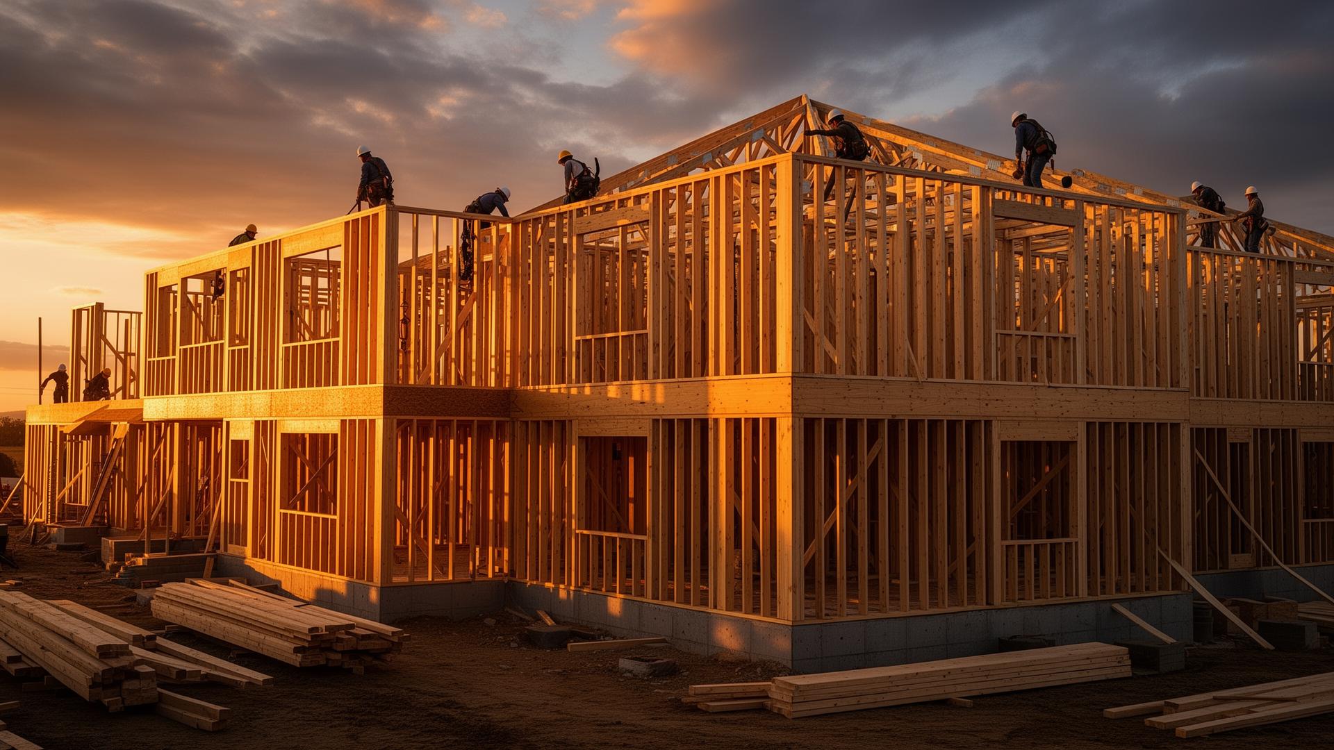 Wood-framed house under construction at golden hour